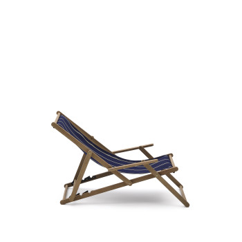 Hamaca plegable para exteriores Vilara con rayas azules y beige, fabricada en madera maciza de acacia 100 % FSC.