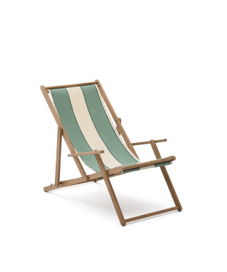 Hamaca plegable de exterior Vilara con rayas verdes y beige fabricada en madera maciza de acacia 100% FSC