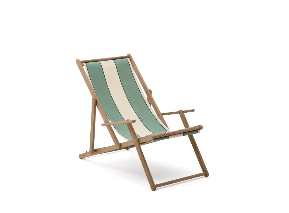 Hamaca plegable de exterior Vilara con rayas verdes y beige fabricada en madera maciza de acacia 100% FSC