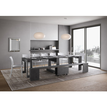 Consola Evolve con banco inferior - Consola extensible 90x42/302 cm Evolve fresno blanco con extensiones interiores y banco inferior