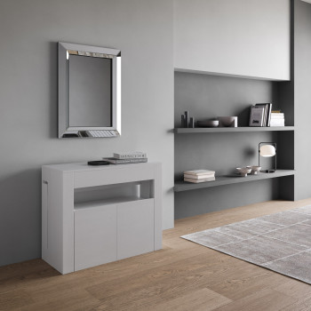 Consola Evolve con banco inferior - Consola extensible 90x42/302 cm Evolve fresno blanco con extensiones interiores y banco inferior