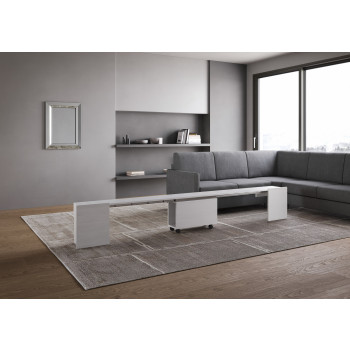 Consola Evolve con banco inferior - Consola extensible 90x42/302 cm Evolve fresno blanco con extensiones interiores y banco inferior