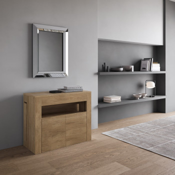 Consola Evolve con banco inferior - Consola extensible 90x42/302 cm Evolve fresno blanco con extensiones interiores y banco inferior