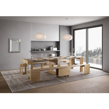 Consola Evolve con banco inferior y superior - Consola extensible 90x42/302 cm Evolve fresno blanco con extensiones interiores con banco inferior y superior