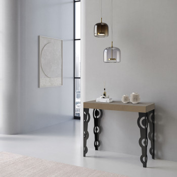 Consola Karamay con patas antracita - Consola Karamay pequeña extensible 90x40/196 cm con madera de fresno blanco y patas antracita