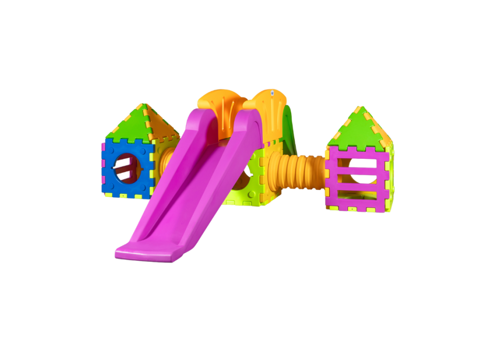 Modelo de juguete cúbico i2000 – juego modular con 1 tobogán grande y 2 casas.