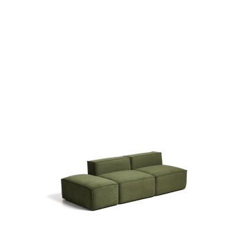 Sofá Blok de 3 plazas con puf en el extremo, de pana gruesa verde, 240 cm. Certificación FSC Mix.