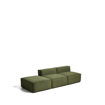 Sofá Blok de 3 plazas con puf en el extremo, de pana gruesa verde, 270 cm. Certificación FSC Mix.