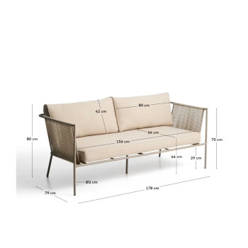 Sofá de exterior Zivia de 2 plazas en cuerda natural y acero galvanizado verde, 178 cm.