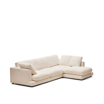Sofá Gala de 4 plazas en chenilla beige con chaise longue derecha FSC Mix Credit 300 cm