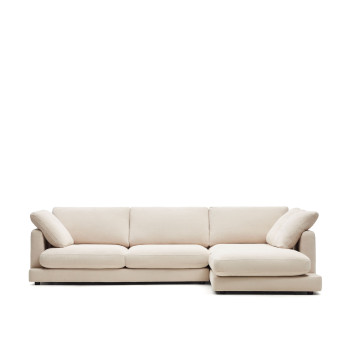 Sofá Gala de 4 plazas en chenilla beige con chaise longue derecha FSC Mix Credit 300 cm
