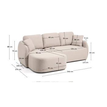 Sofá cama Laira de 3 plazas en chenilla beige con chaise longue izquierda de 246 cm. Certificación FSC Mix.