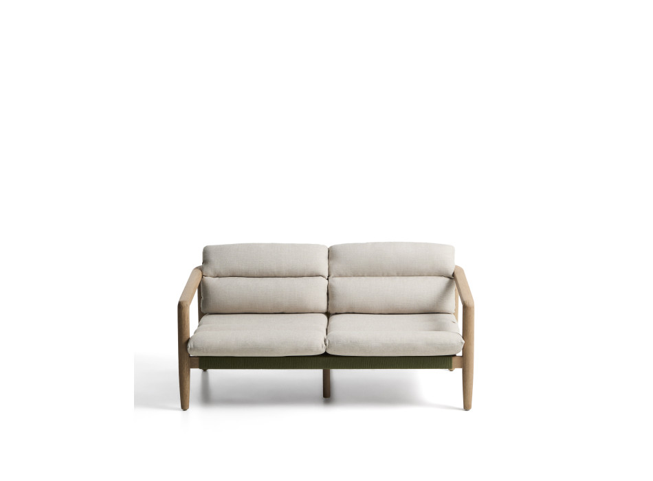 Sofá Menfi de 2 plazas en madera maciza de acacia y cuerda verde, 136 cm, FSC 100%.