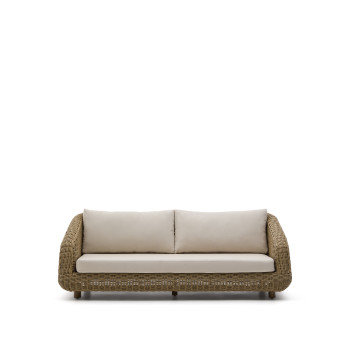 Sofá Meria de 3 plazas en ratán sintético y patas de madera maciza de acacia 100% FSC 208 cm