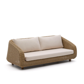 Sofá Meria de 3 plazas en ratán sintético y patas de madera maciza de acacia 100% FSC 208 cm