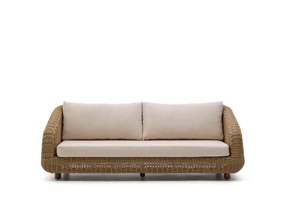 Sofá Meria de 3 plazas en ratán sintético y patas de madera maciza de acacia 100% FSC 208 cm