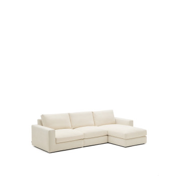 Sofá modular Alea de 4 plazas con funda desenfundable de chenilla, chaise longue derecha, color crudo, 310 cm