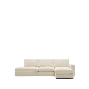 Sofá modular Alea de 5 plazas con funda desenfundable de chenilla, chaise longue derecha, color crudo, 340 cm