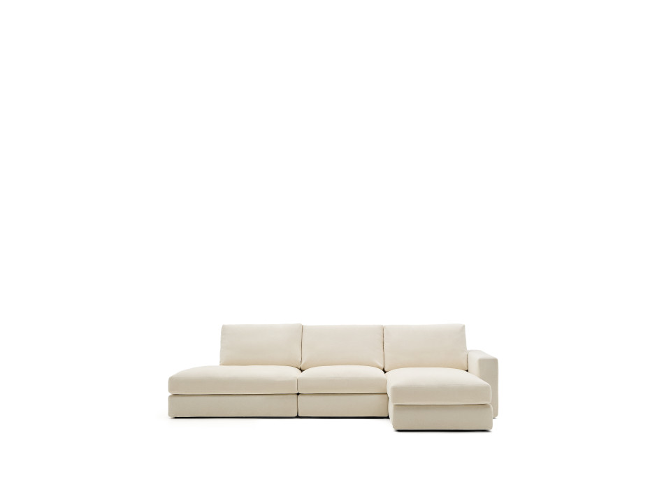 Sofá modular Alea de 5 plazas con funda desenfundable de chenilla, chaise longue derecha, color crudo, 340 cm