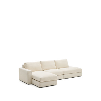 Sofá modular Alea de 5 plazas con funda desenfundable de chenilla, chaise longue izquierda, color crudo, 340 cm