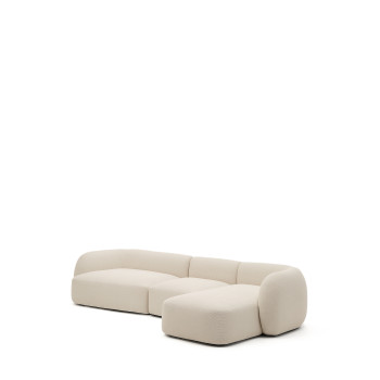 Sofá modular Martina de 4 plazas en chenilla con chaise longue derecha, color crudo, 377 cm.