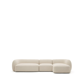 Sofá modular Martina de 4 plazas en chenilla con chaise longue derecha, color crudo, 377 cm.