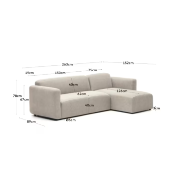 Sofá modular Neom de 3 plazas con chaise longue derecha/izquierda, color beige, 263 cm, certificación FSC Mix.