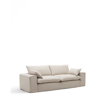 Sofá Anarela de 3 plazas con funda y cojines desenfundables en lino beige FSC Mix Credit, 280 cm.