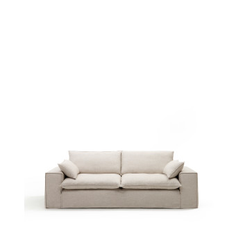 Sofá Anarela de 3 plazas con funda y cojines desenfundables en lino beige FSC Mix Credit, 280 cm.