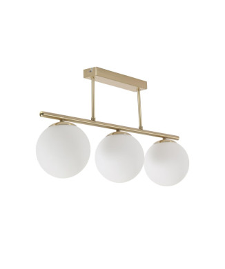 Lámpara de techo Mahala con detalles en acero acabado latón y 3 esferas de cristal satinado