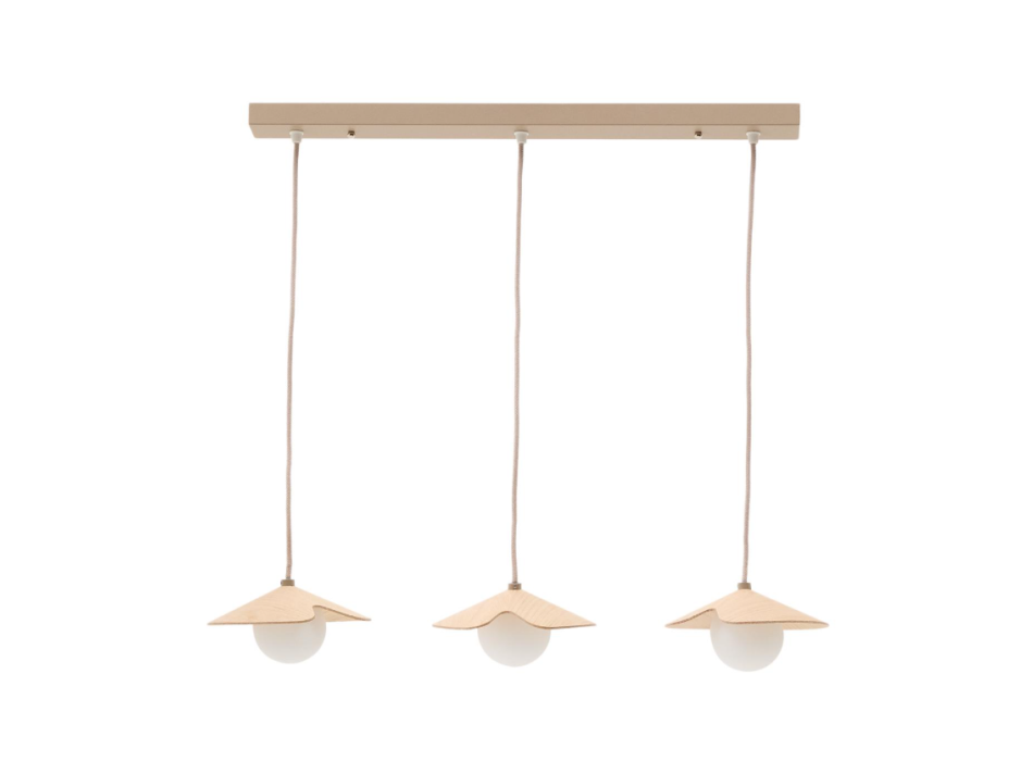 Lámpara de techo Wilara en chapa de roble con 3 cuentas de cristal ahumado blanco