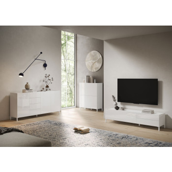 Aparador/Mueble TV/Aparador Alto Solaria Blanco Brillo - Aparador Alto Solaria de 4 Puertas Blanco Brillo 90x35x110 cm