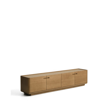Mueble para TV Arelida en chapa de roble y madera maciza con acabado marrón claro, 200 x 44 cm, FSC Mix Credit.