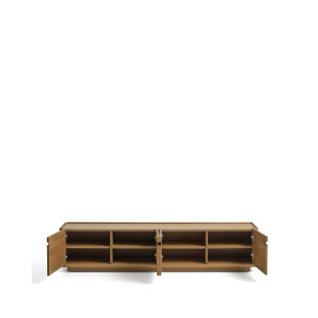 Mueble para TV Arelida en chapa de roble y madera maciza con acabado marrón claro, 200 x 44 cm, FSC Mix Credit.