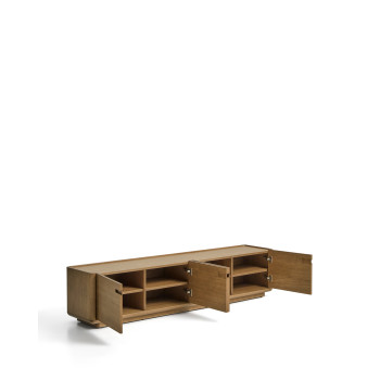 Mueble para TV Arelida en chapa de roble y madera maciza con acabado marrón claro, 200 x 44 cm, FSC Mix Credit.
