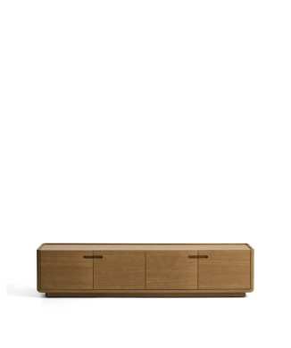 Mueble para TV Arelida en chapa de roble y madera maciza con acabado marrón claro, 200 x 44 cm, FSC Mix Credit.