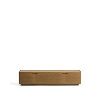 Mueble para TV Arelida en chapa de roble y madera maciza con acabado marrón claro, 200 x 44 cm, FSC Mix Credit.