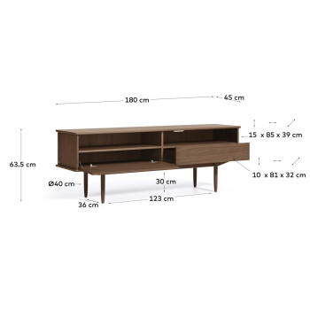 Mueble de TV Carolin con 1 puerta y 1 cajón, chapa de nogal, 180 x 63,5 cm