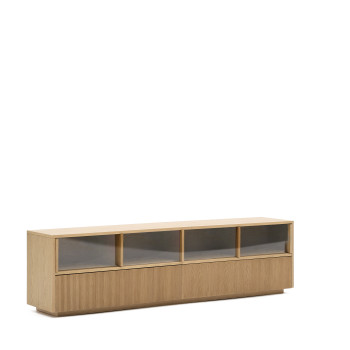 Mueble TV Helvine con 4 puertas y 2 cajones, chapa de roble y cristal templado, 200x54cm, FSC 100%