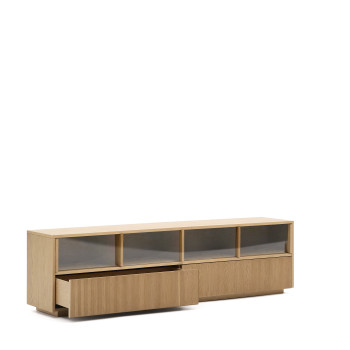 Mueble TV Helvine con 4 puertas y 2 cajones, chapa de roble y cristal templado, 200x54cm, FSC 100%