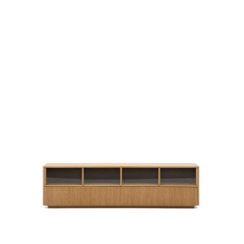 Mueble para TV Helvine con 4 puertas y 2 cajones, chapa de roble y cristal templado, 200x54cm, FSC 100%.