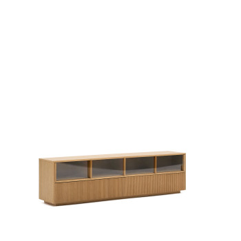Mueble para TV Helvine con 4 puertas y 2 cajones, chapa de roble y cristal templado, 200x54cm, FSC 100%.