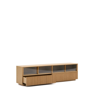 Mueble para TV Helvine con 4 puertas y 2 cajones, chapa de roble y cristal templado, 200x54cm, FSC 100%.