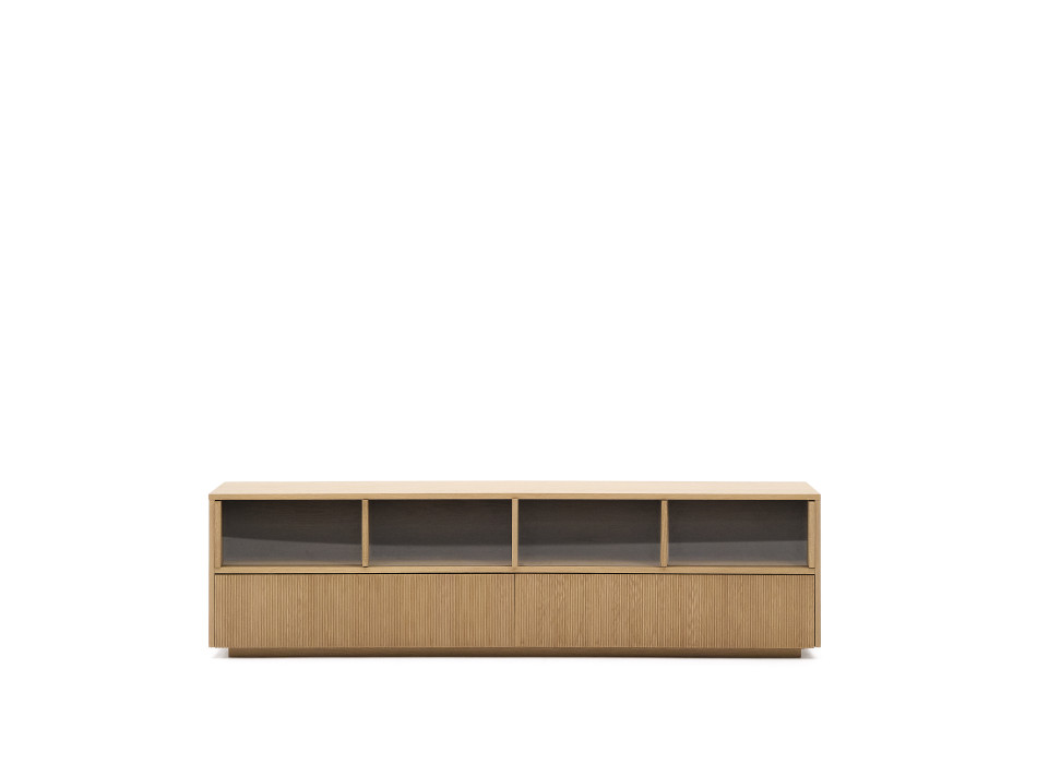 Mueble TV Helvine con 4 puertas y 2 cajones, chapa de roble y cristal templado, 200x54cm, FSC 100%