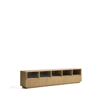 Mueble para TV Helvine con 5 puertas y 3 cajones en chapa de roble y cristal templado, 242 x 53,5 cm, FSC 100%.