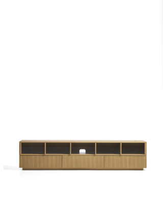 Mueble para TV Helvine con 5 puertas y 3 cajones en chapa de roble y cristal templado, 242 x 53,5 cm, FSC 100%.