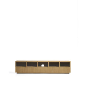 Mueble para TV Helvine con 5 puertas y 3 cajones en chapa de roble y cristal templado, 242 x 53,5 cm, FSC 100%.