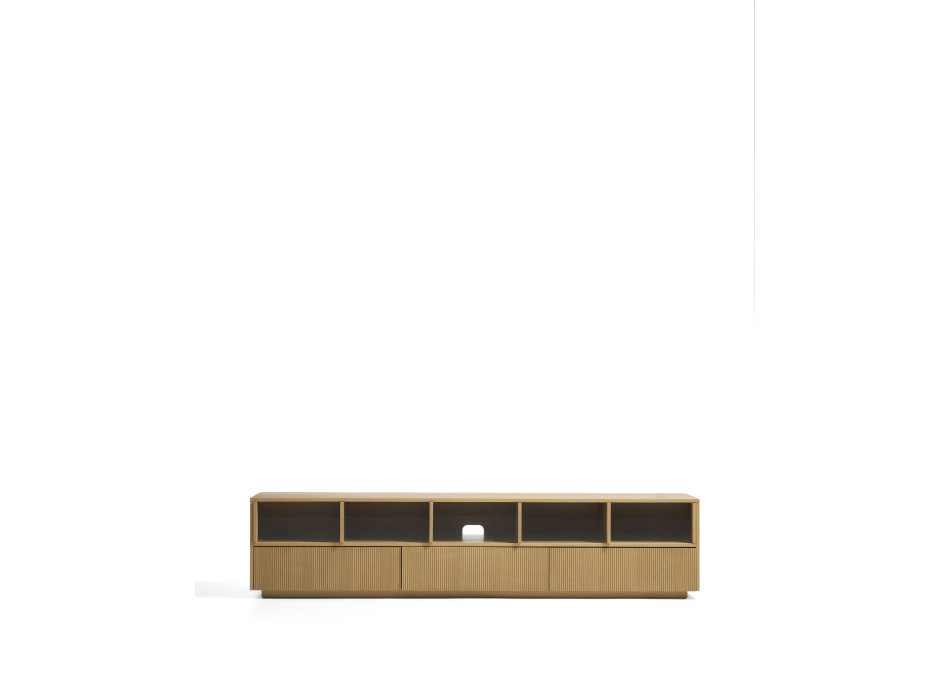 Mueble para TV Helvine con 5 puertas y 3 cajones en chapa de roble y cristal templado, 242 x 53,5 cm, FSC 100%.