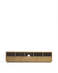 Mueble para TV Helvine con 5 puertas y 3 cajones en chapa de roble y cristal templado, 242 x 53,5 cm, FSC 100%.