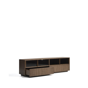 Mueble para TV Helvine con 4 puertas y 2 cajones en chapa de fresno con acabado en nogal y cristal templado 200 x 54 cm FSC 100%